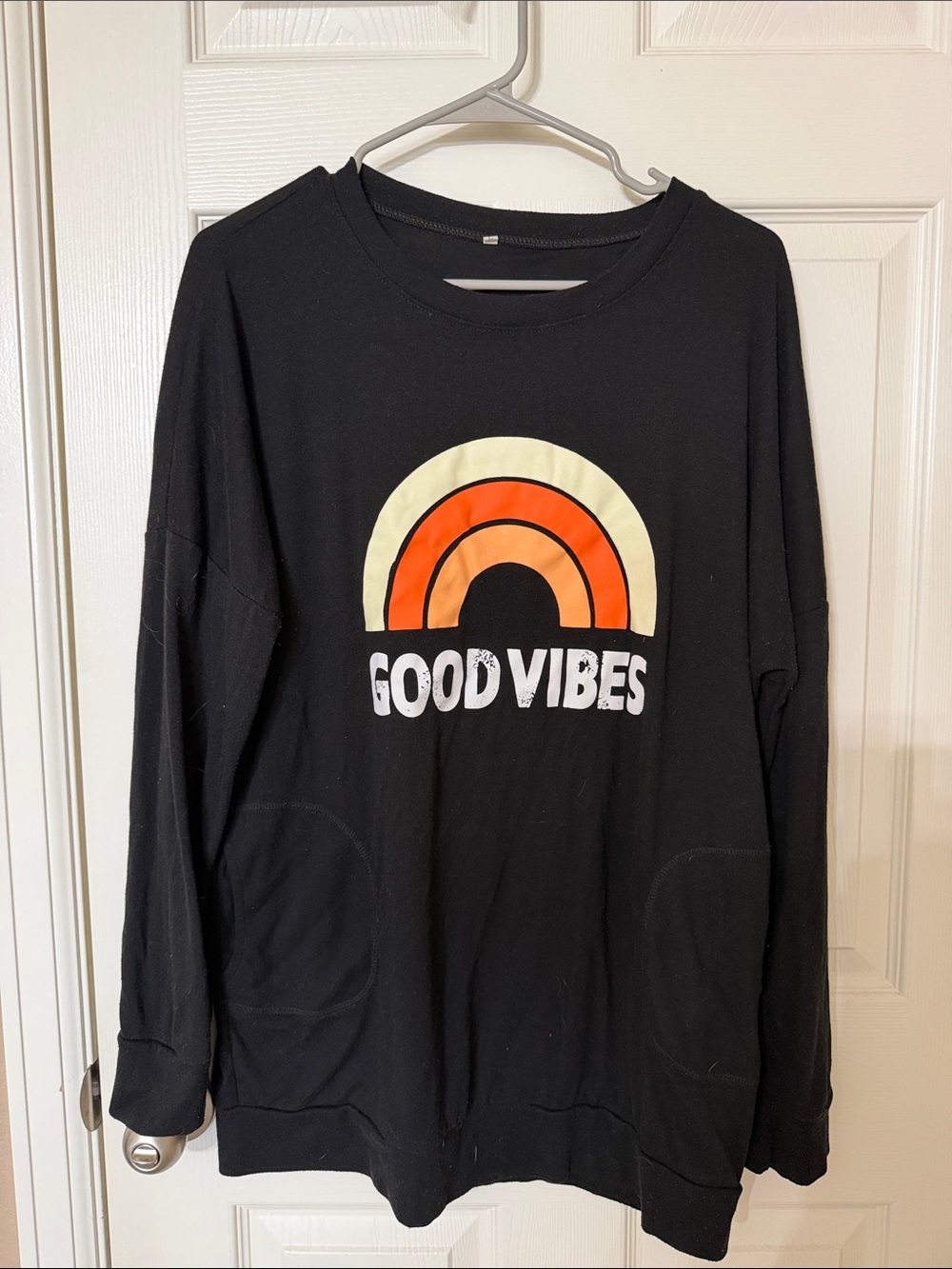Amazon Black Sweatshirt with Cream and Orange Rainbow "Good Vibes"